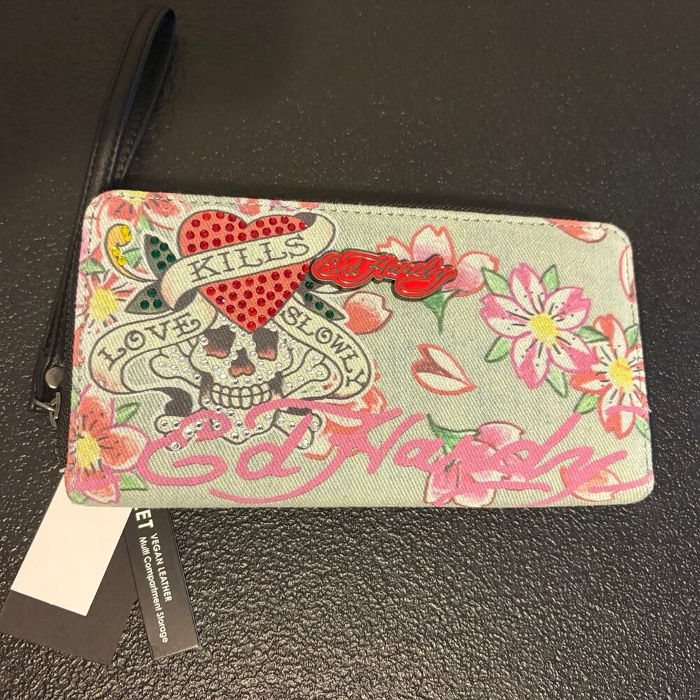 Ed Hardy "Love Kills Slowly" Denim Rhinestone Wristlet Wallet